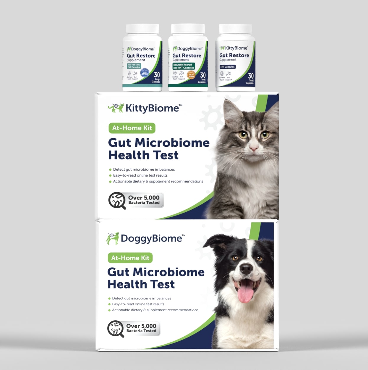 Stack of KittyBiome Gut Health Test box, DoggyBiome Gut Health Test box, DoggyBiome Gut Restore Supplement bottles and a KittyBiome Gut Restore Supplement bottle